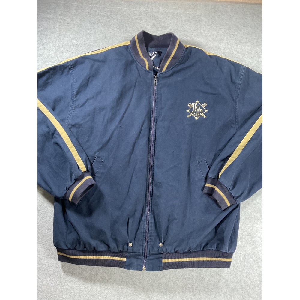 Vintage B.U.M. Equipment LA Bomber Jacket Navy Gold XL Cotton Fleece Lined J83